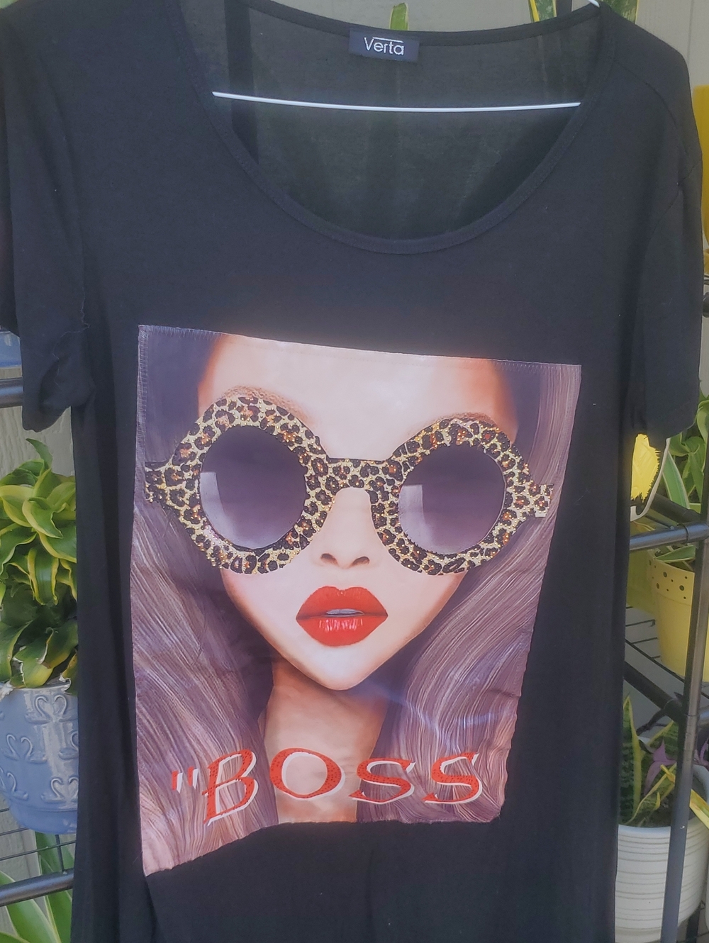 Womens Black Graphic Tee with "Boss" Print And Huge Sunglasses